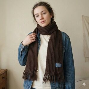 Vintage Pendleton Brown 100% Virgin Wool Ribbed Knit Fringe Scarf Made in USA